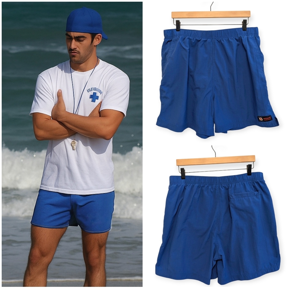 VINTAGE Lifeguard Blue Swim Trunks Nylon Lined XL 6"